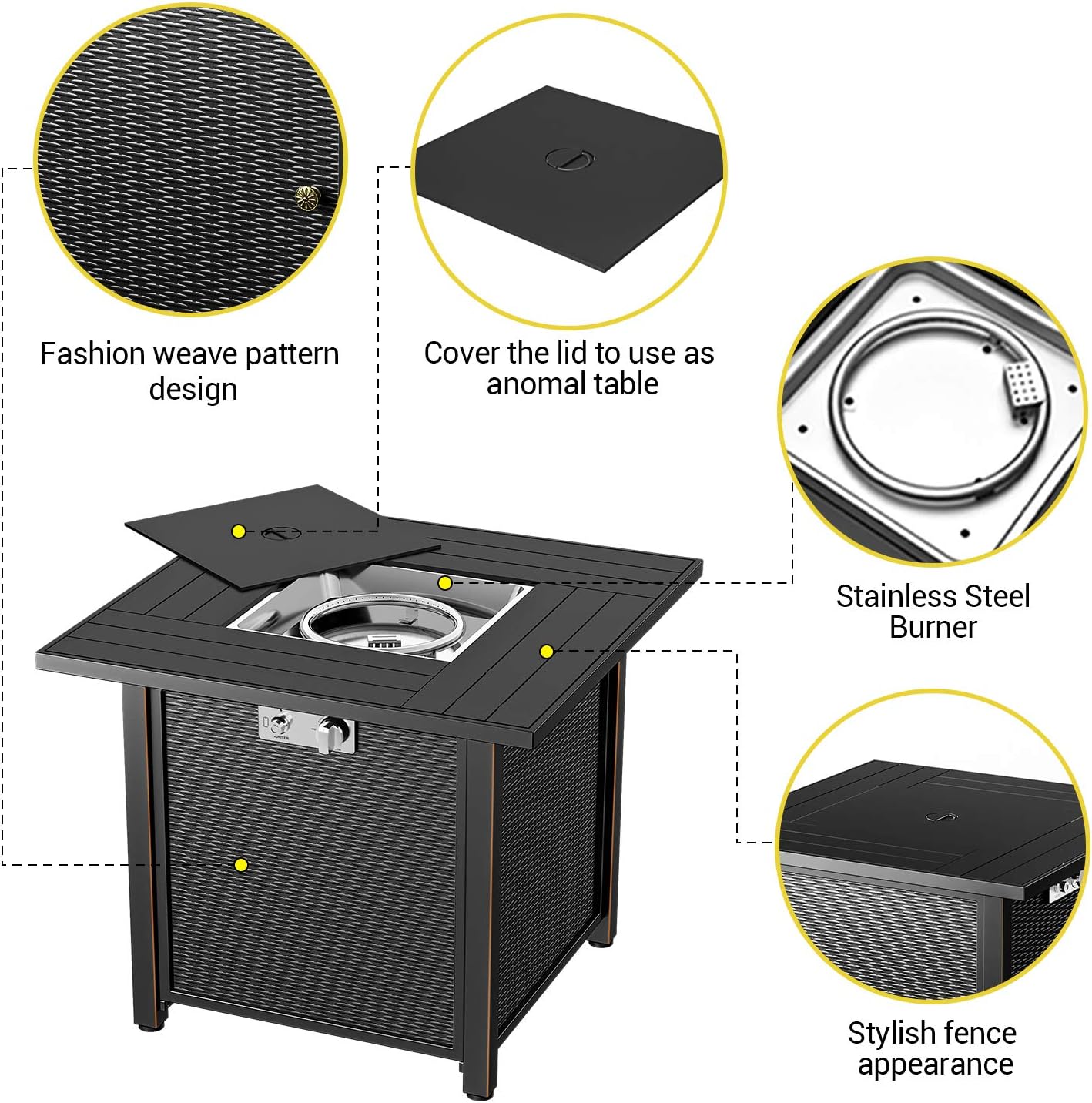 Propane Fire Pit 30 Inch Outdoor Gas Fire Pit | Steel Fire Table with Lid | Patio Fire Pit Table & Outdoor Fire Pir Propane for Deck, Garden & Backyard | Powerful Propane Outdoor Fire Pit 50,000 BTU