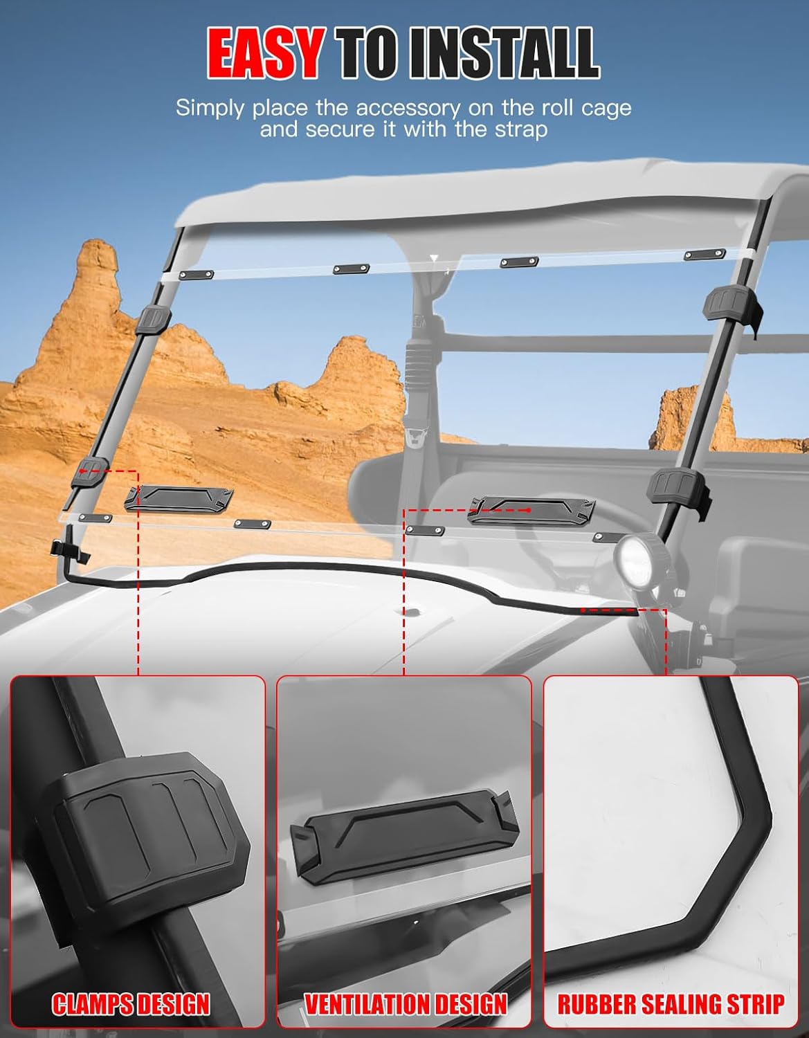Front Full Windshield for Kawasaki Mule Pro MX, Clear 1/5
