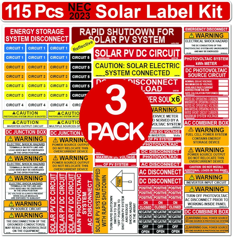 3 Packs of Ultimate 115 Pack 2017/2020/2023 NEC Code Compliant Photovoltaic Solar System Label Kit Electrical Panel Safety Stickers Outdoor Rated Laminated