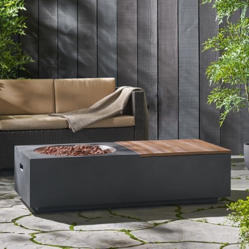 50,000 BTU Outdoor Rectangular Concrete Fire Pit Table with Storage, Lightweight MgO Fire Table with Removable Wood-Look Top, Weather-Resistant Patio Heating Table for Backyard, Dark Gray