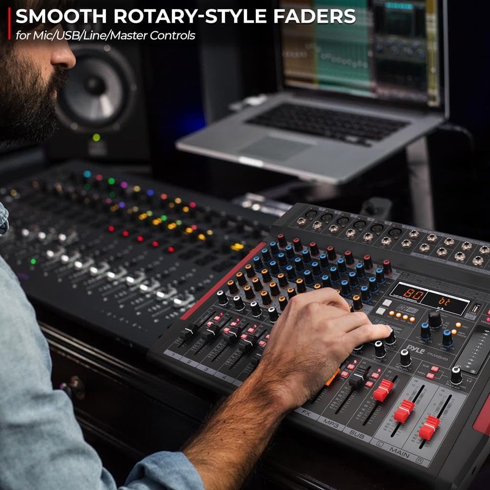 Pyle Professional DJ Audio Mixer Controller - 8Channel DJ Controller Sound Mixer w/ DSP 380 Preset Effects, Recording, USB, 6 XLR Mic/Line Input, AUX, FX Processor MP3 Player, Headphone Jack - PMX648