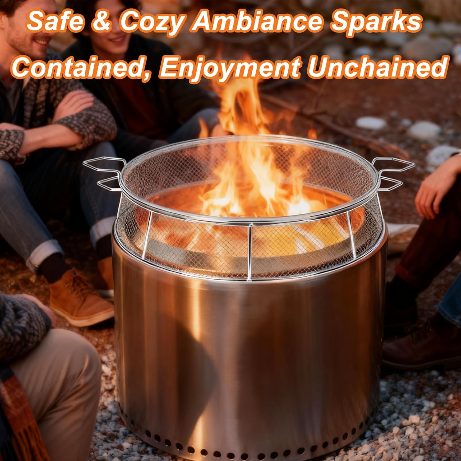 Fire Pit Spark Shield Cover & Cooking Grate for Solo Stove Bonfire 19.5 Inch, 304 Stainless Steel Fire Pit Accessories with Stand & 2 Guide Sticks, All-in-One Lid, Spark Screen and Grill Grate​​