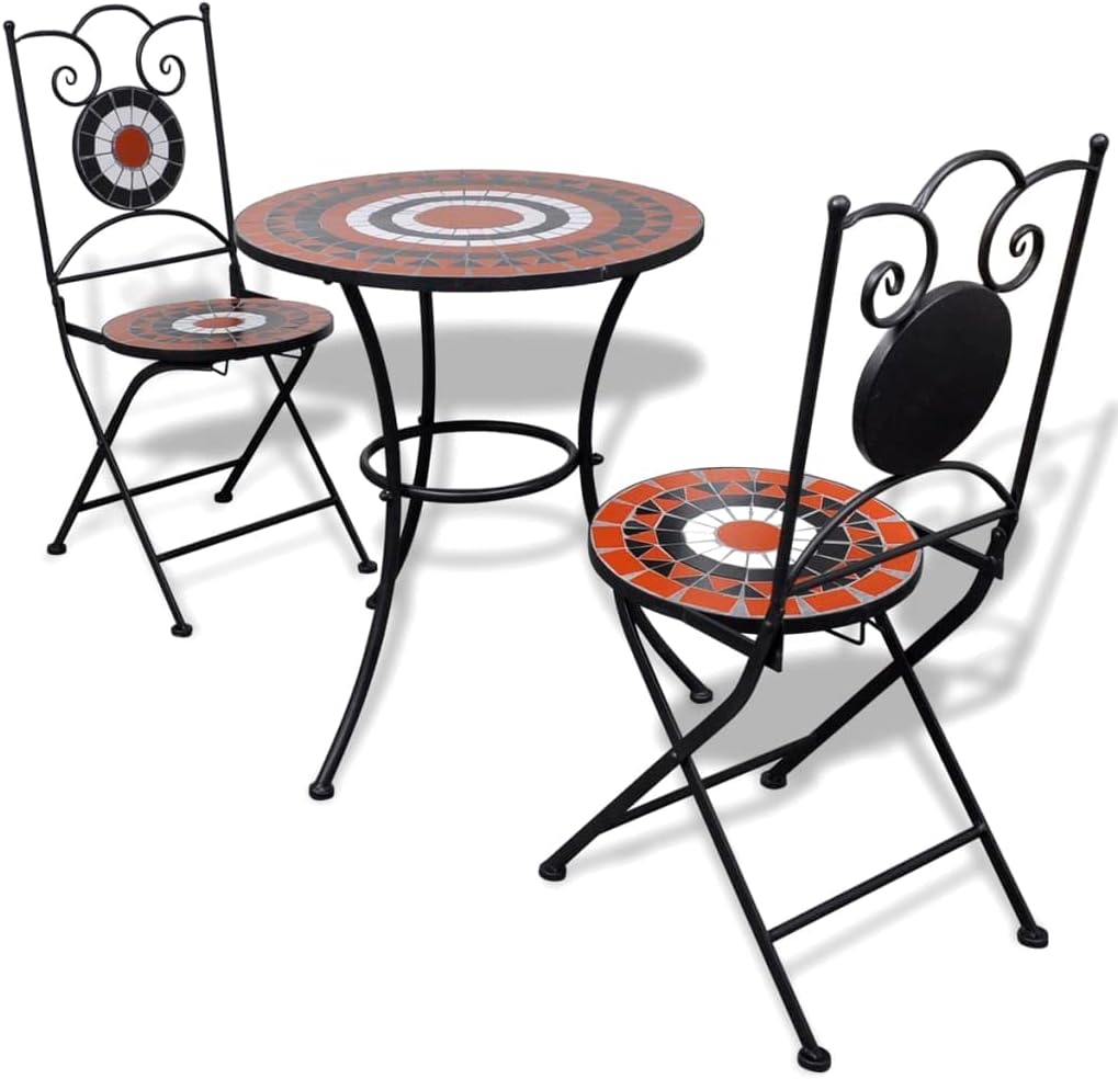 3 Piece Bistro Set Ceramic Tile Terracand White,Mosaic Bistro Set: Romantic Outdoor Patio and Balcony Furniture with Ceramic Tile Tabletop and Durable Iron Frame Patio Furniture Sets, Outdoor Furnitur