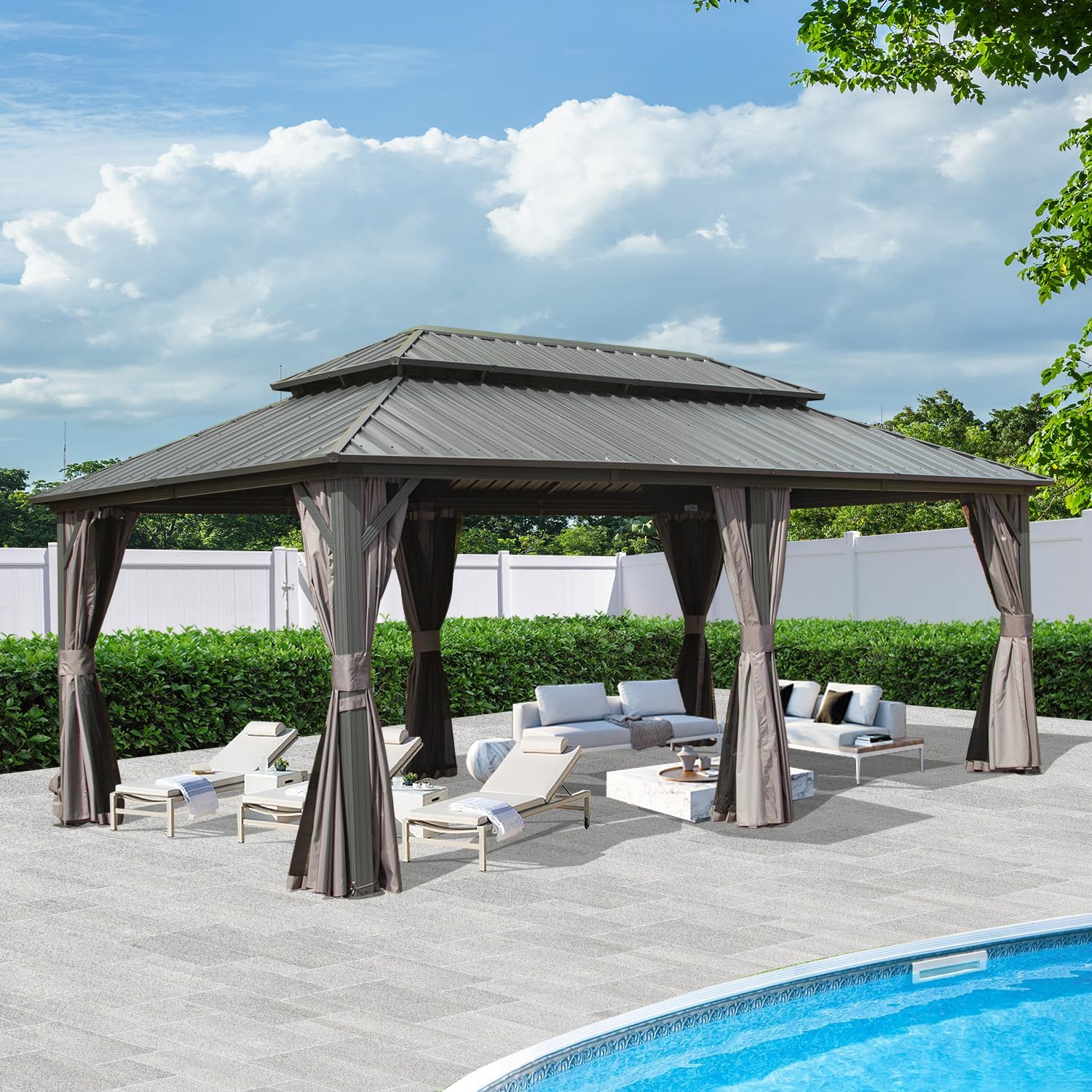 Domi Hardtop Gazebos 12x20FT, Aluminum Metal Gazebo with Galvanized Steel Double Roof Canopy, Curtain and Netting, Permanent Gazebo Pavilion for Patio, Backyard, Deck and Lawn, Grey