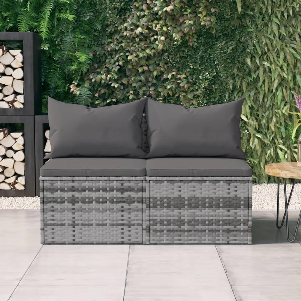 Patio Middle Sofas with Cushions 2 pcs Gray Poly Rattan,Modern Outdoor Patio Middle Sofa with Cushion and Pillow for Leisure and Relaxation Patio Furniture & Accessories, Outdoor Seating