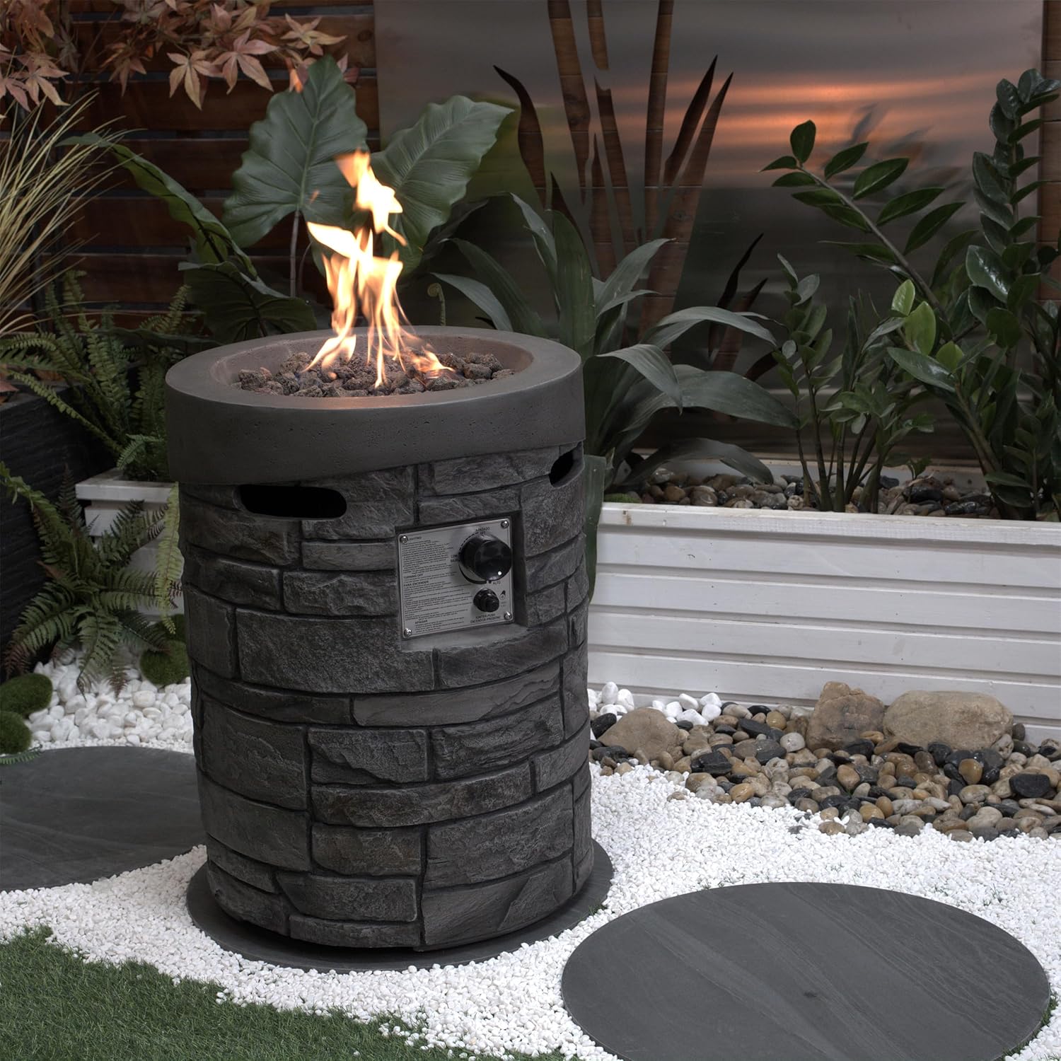 32,000 Btu Outdoor Gas Fire Pit with CSA Certification, 20 Inches Round Design, Lava Stones, Rainproof Cover, & Cultured Stone Finish – Patios (Stone Gray)