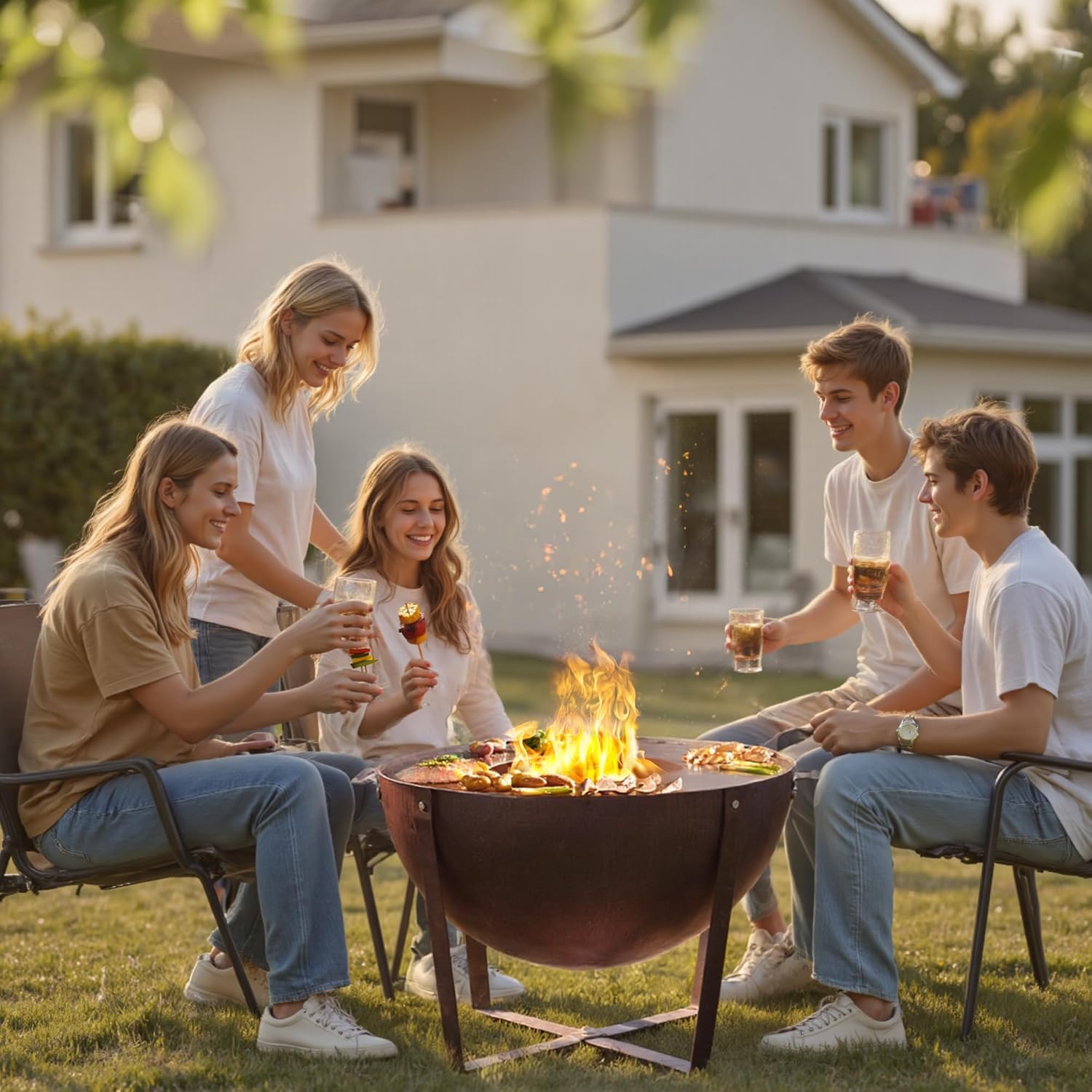 Corten Steel Heavy-Duty Fire Pit with Grilling Ring,Fire Pit Bowl with Stand,Round Firepit with Handle, Weathering Steel Wood Burning Firepit for Outside Backyard Deck Party Bonfire,32”