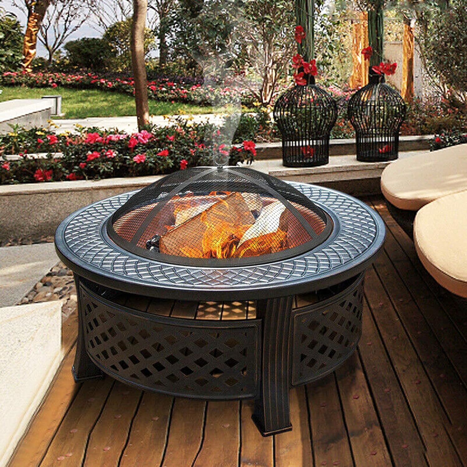 Outdoor Fire Pit with BBQ Grill Shelf, Metal Brazier Firepit Garden Patio Heater/BBQ/Ice Pit,Fire Bowl for Garden and Patio, Outdoor Garden Fire Pit with Waterproof Cover