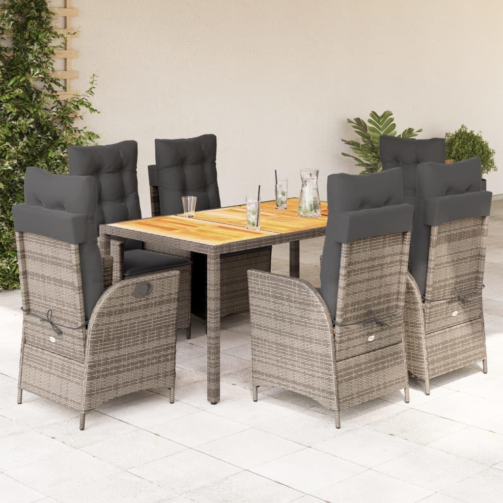 Furniture Sets 7 Piece Patio Dining Set with Cushions Gray Poly Rattan,Outdoor Patio Dining Set with Adjustable Reclining Chairs and Acacia Wood Table Garden Conversation Sets