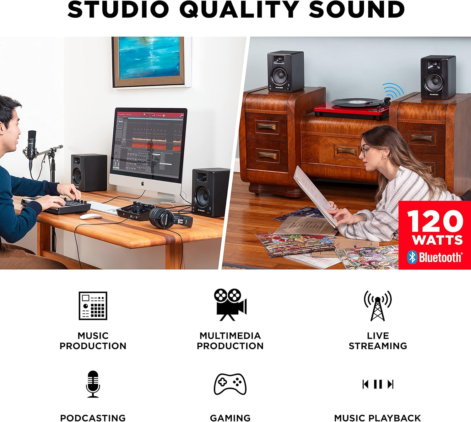 M-AUDIO BX4 Pair Bluetooth Studio Monitors Bundle with Dual XLR Audio Interface and Headphones for Studio Recording, Music Production, Podcasting, Streaming