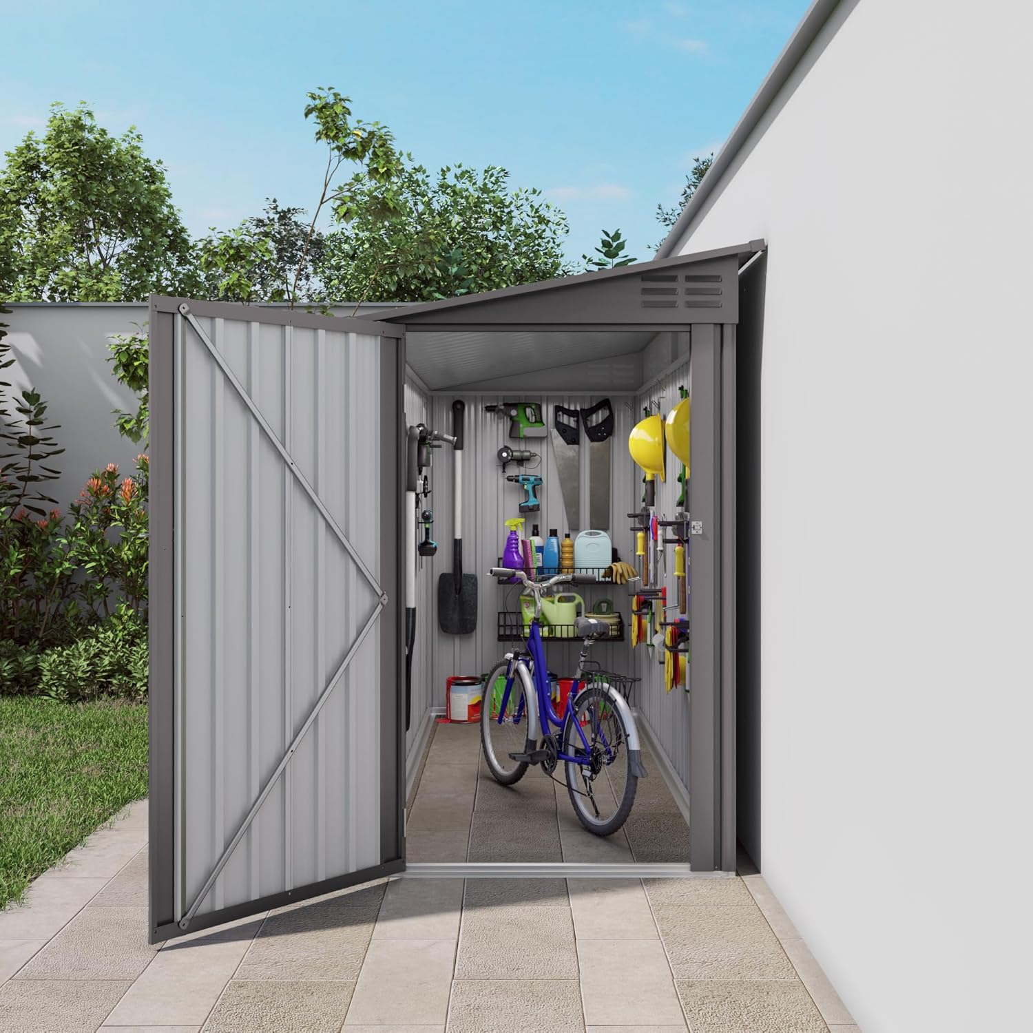 4x9 FT Outdoor Metal Storage Shed, Garden Tool Storage House with Sloped Roof, 2 Air Vents & Side Door, Weather-Resistant Steel Utility Shed for Backyard, Patio, Lawn, Garage, Gray