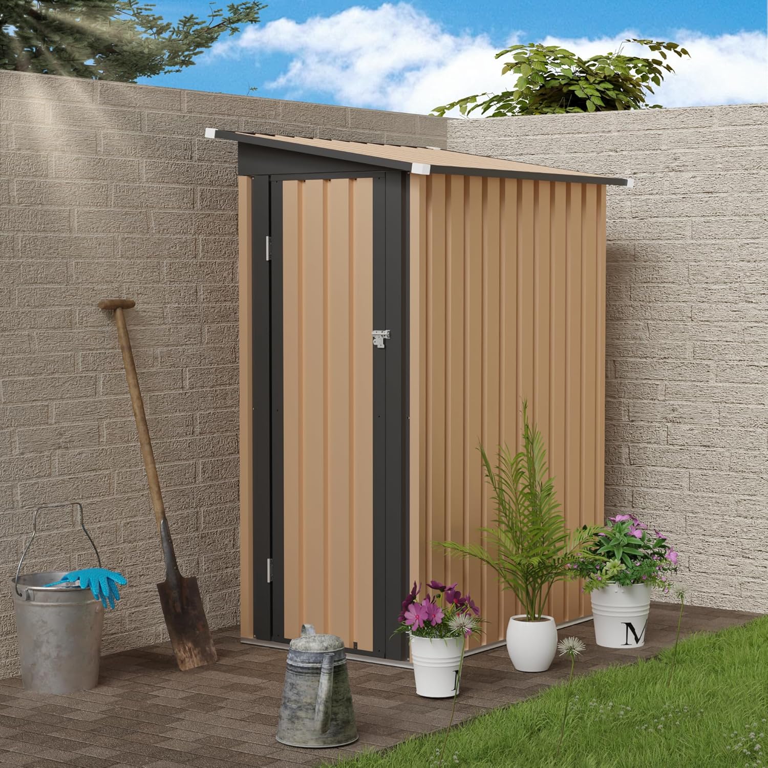 Metal Garden Shed Pent Roof with Hinge Door - Outdoor Storage Shed Waterproof Lean-to Tool Bike Sheds Kit for Backyard Storage Building Cabinet House,4.27x2.42 FT Brown