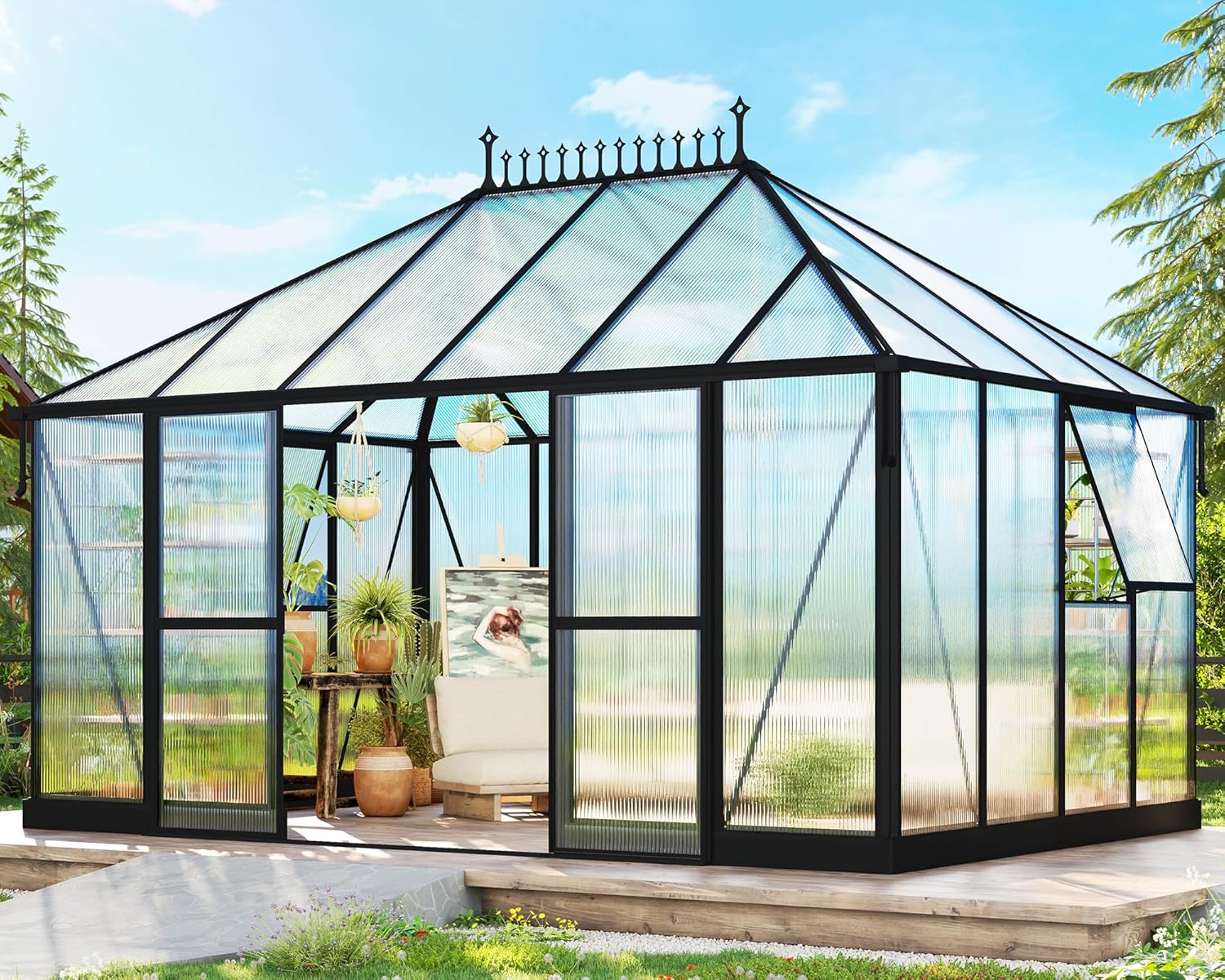 14×9.7×10 FT Greenhouse for Outdoors with 6 ft Double Swing Door & 2 Vents, Heavy Duty Green House with Aluminum Frame for Outside Patio Backyard Garden