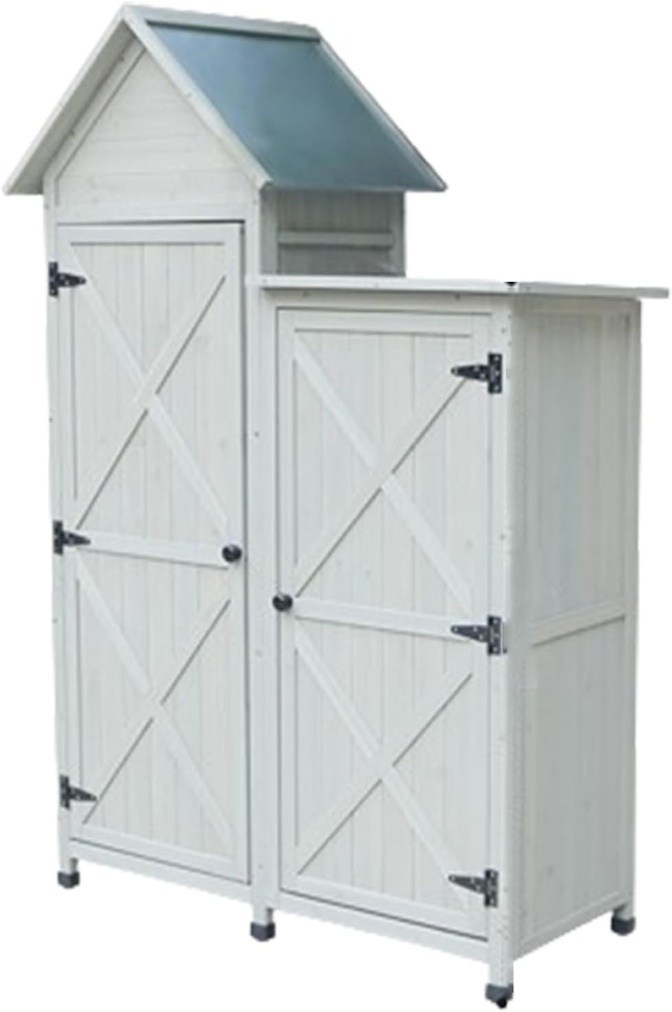 Outdoor Wooden Potting Table with Storage Cabinet with 3 Shelves, Garden Wood Tool Shed with Galvanized Plated Tabletop for Garden Yard Lawn Equipment (One Color Gray)