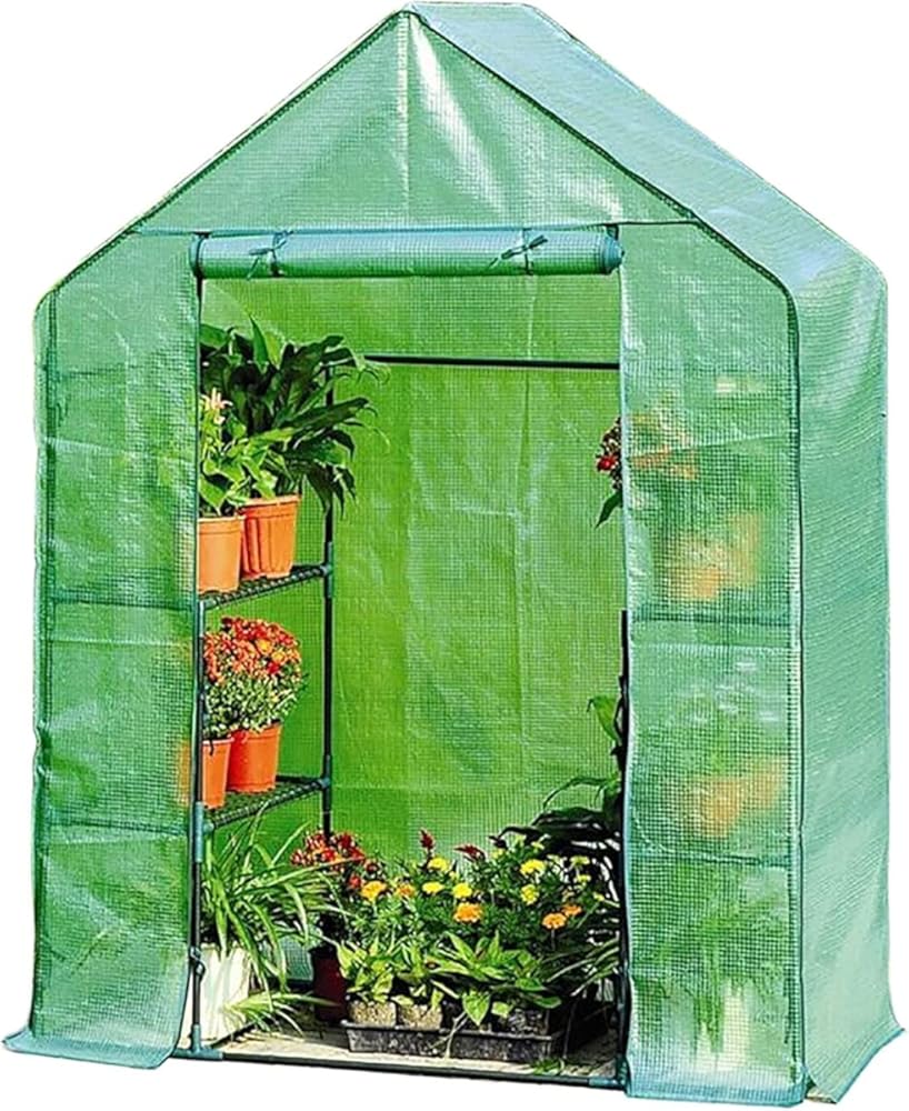 Greenhouses Walk In Greenhouse – Green House with 4 Shelves and Weatherproof Re-enforced Plastic PVC Cover – Plant House/Grow House for Garden and Outdoor – Roll Up Zip Panel Door – Easy No Tool Assem