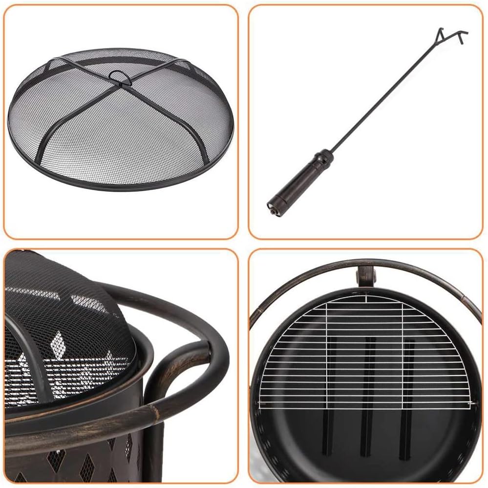 Grills 36 Inch Fire Pit Outdoor Wood Burning Fire Pits Heating Large Steel BBQ Grill Firepit Bowl for Winter with Cooking Grate