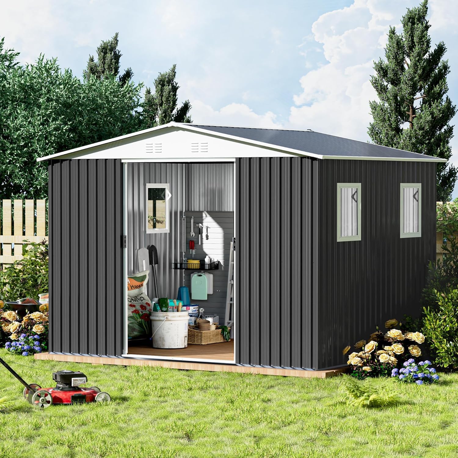 KEIKI 10' x 8' Outdoor Storage Shed with 2 Lockable Doors & 4 Windows, Garden Tool Metal Shed with Apex Roof & Aluminum Alloy Frame, Anti-Corrosion, Grey