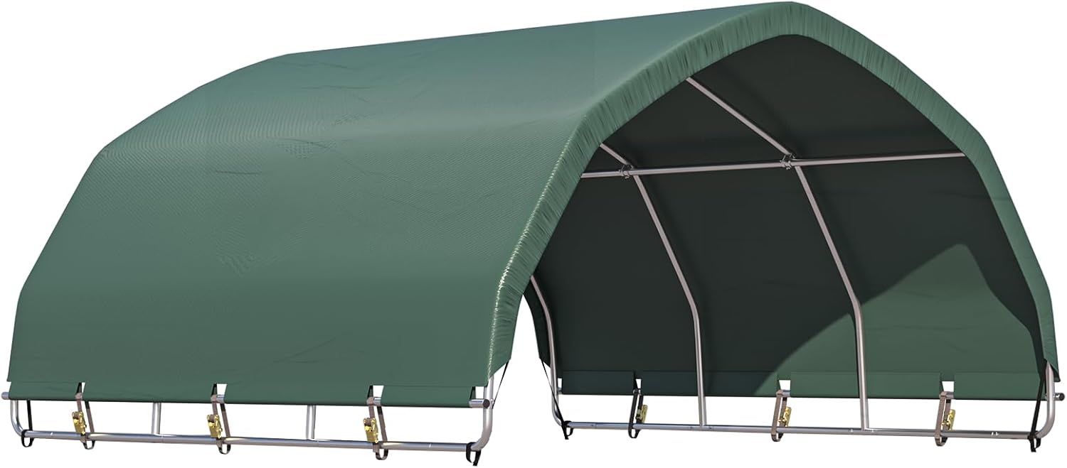 YOLENY 10'x10' Green Corral Shelter, Heavy Duty Round Style Canopy, Waterproof and UV Treated Universal Cover, Easy Assembly Stable and Agricultural Storage and Shade Shed Kit for Livestock
