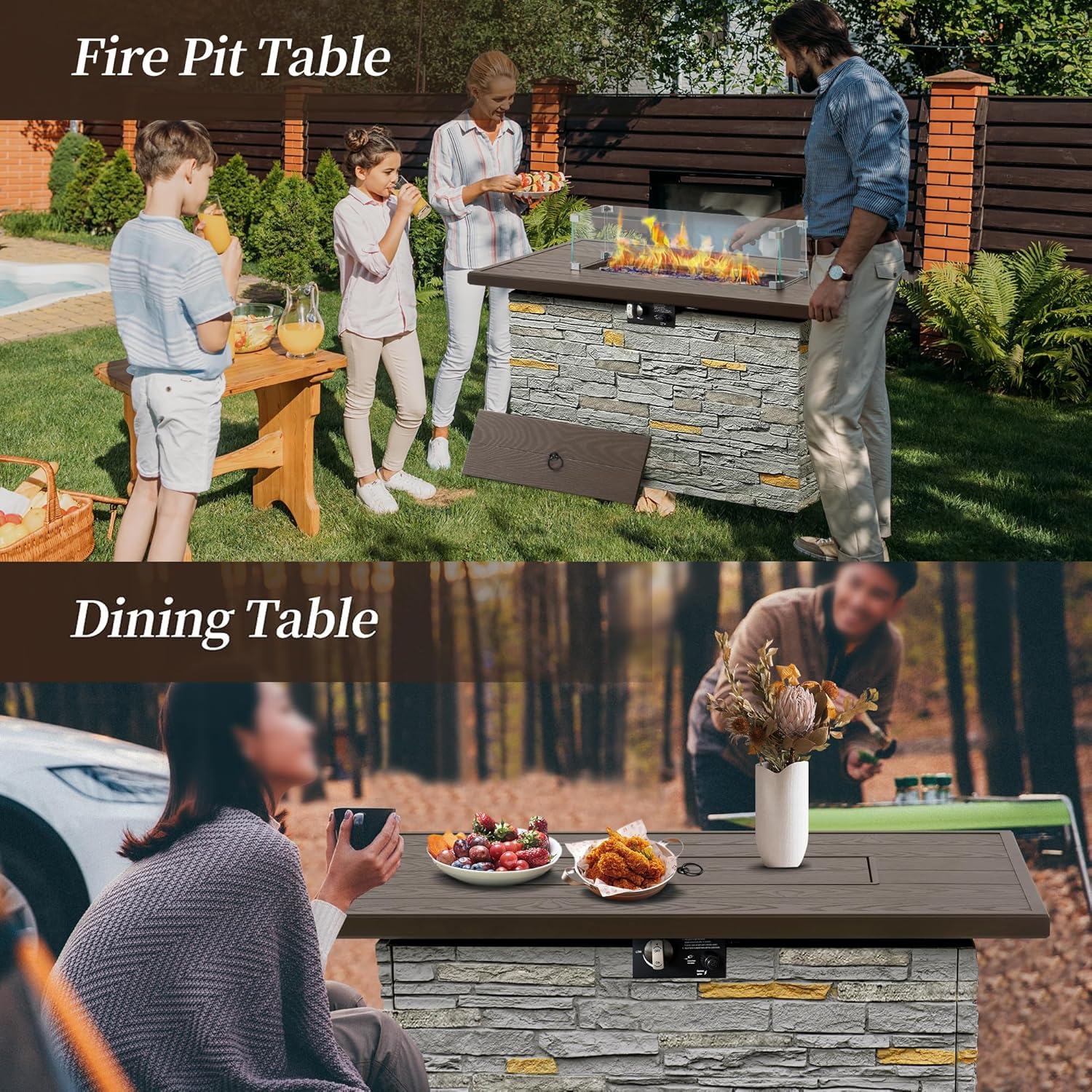 PIZZELLO 43 Inch Propane Fire Pit Table Outdoor Stone Firepit Table Rectangular 50000 BTU Propane Fire Tables for Outside Patio with Wind Guard, Table Lid, Fire Beads, Cover,Pizzello Caldo (Gray)