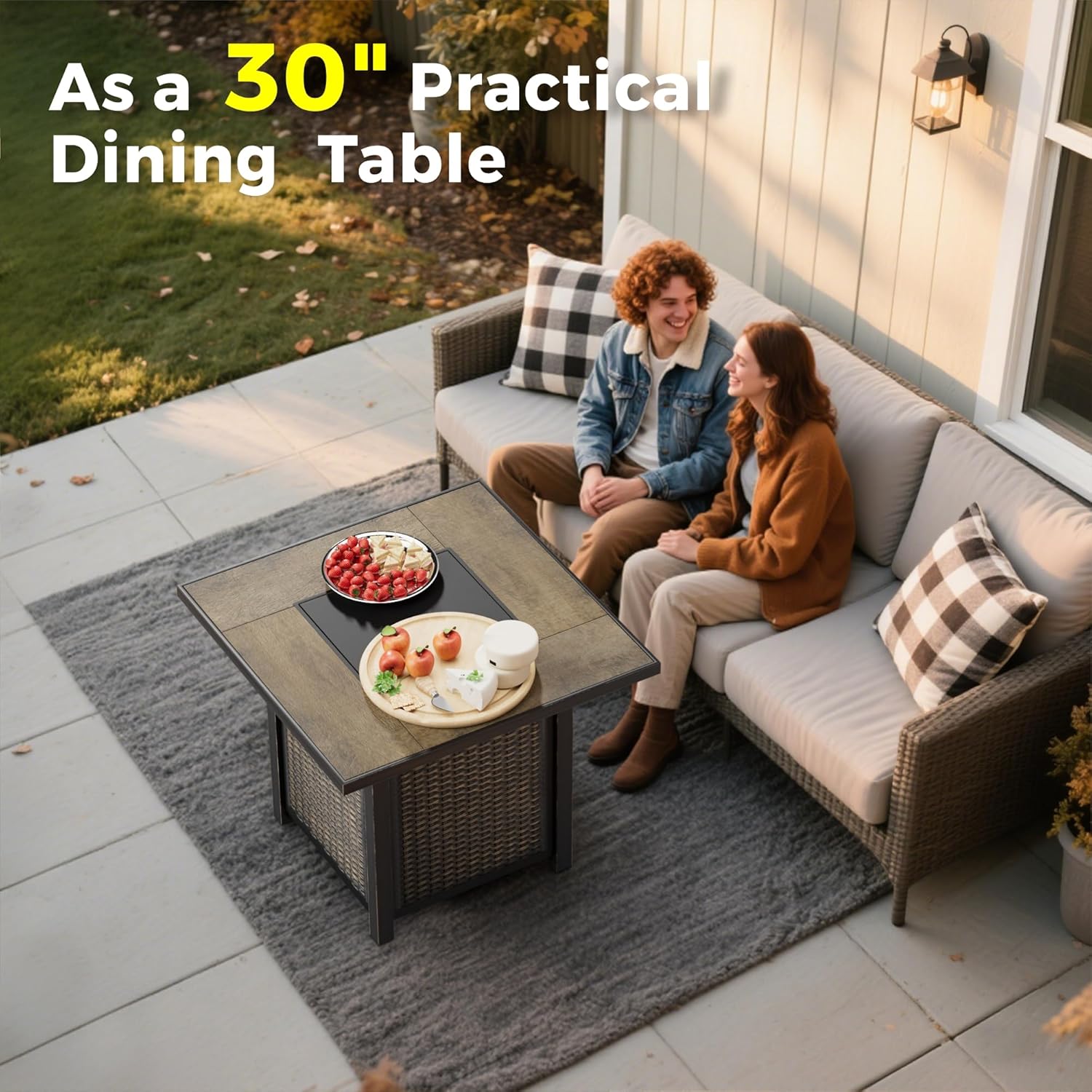 30 Inch Square Outdoor Fire Pit Table with 50,000 BTU Output, Premium Gas Fire Pit Tables for Outside Patio, Propane Fire Pit with Windshield, Glass Stones, Waterproof Cover (Gold Black, 30 inch)