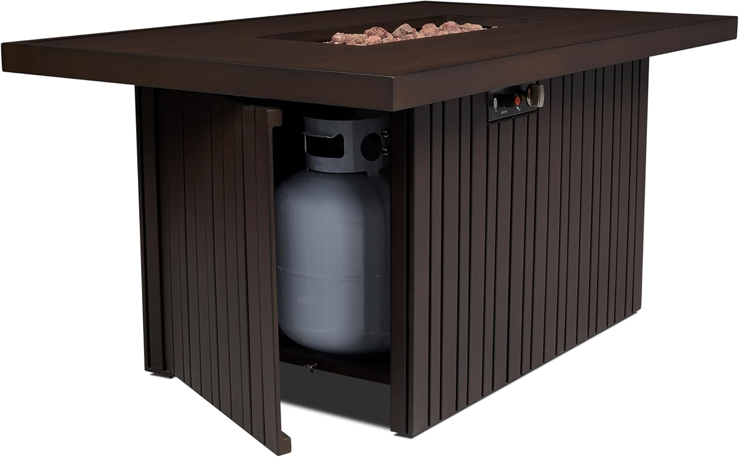 Real Flame Calvin 52in Rectangle Propane Fire Pit Table, 50,000 BTU, Hidden Tank Storage, Aluminum, Push-Button Ignition, CSA Certified, Lava Rock, Storage Cover, Stainless Steel Burner with Lid