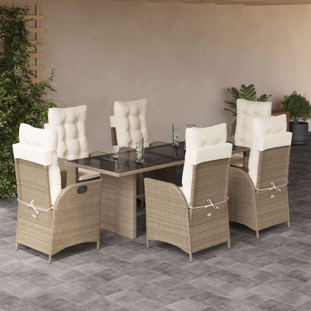 7 Piece Patio Dining Set with Cushions Beige Poly Rattan,Outdoor Dining Set with Reclining Garden Chairs and Durable PE Rattan Construction for Patio and Garden Furniture Sets for Patio, Lawn & Garden