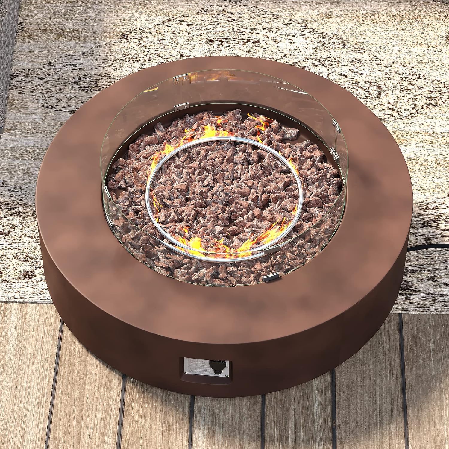 SUNBURY Outdoor Propane Burning Fire Pit, Circular Dark Brown Patio Fire Table 50,000 BTU w Lava Rocks, Glass Wind Guard, Waterproof Cover