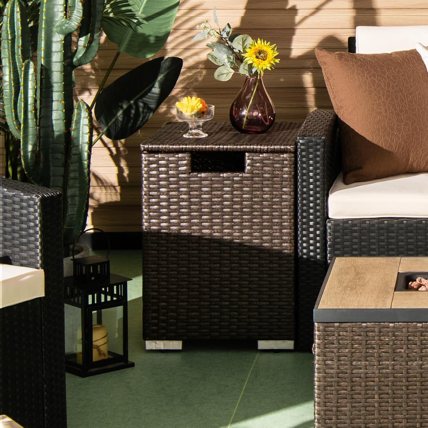 Tangkula Outdoor Propane Tank Cover Table, Patiojoy Wicker Hideaway for Gas Fire Pits, 20 lbs Tank Storage Box, Outdoor Side Table & Holder (Mix Brown)