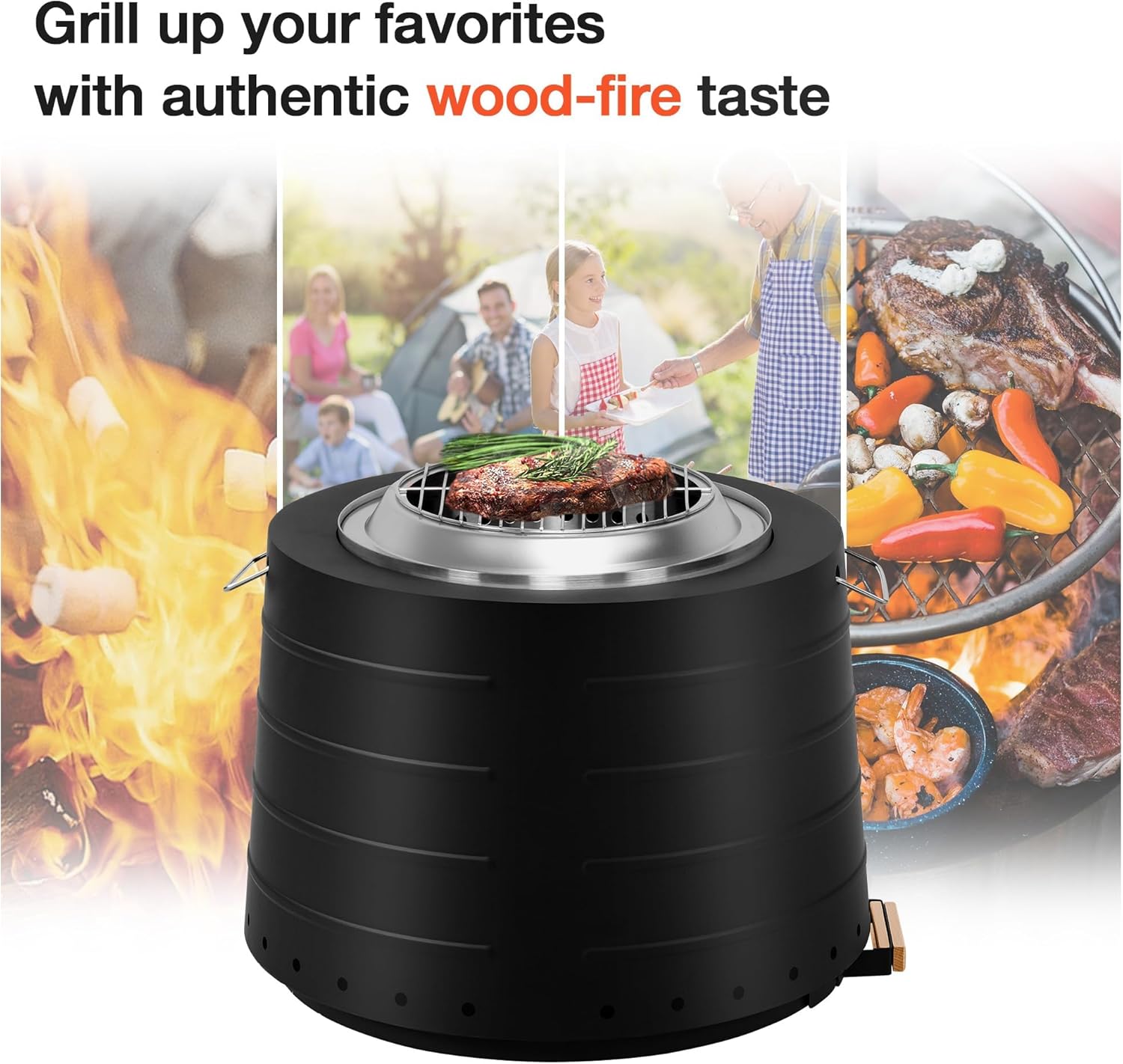 HOMREST 20 Inch Smokeless Fire Pit, Portable Outdoor Firepit with Cooking Grate for Camping, 304 Stainless Steel Stove Bonfire with Removable Ash Pan & Weather Cover for Backyard, Patio (Black)