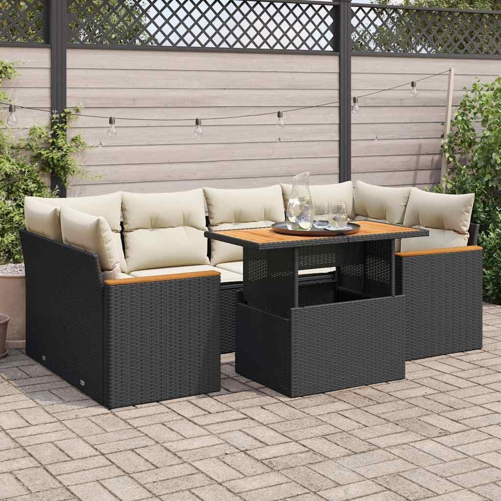6-Piece Modular Outdoor Patio Furniture Set Black Rattan Wicker Sectional Conversation Sofa with Acacia Wood Coffee Table 21.7 x 39.4 x 28.7 in for Garden Deck Sunroom Backyard