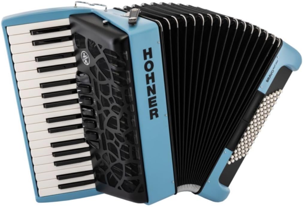 Hohner BRAVO MyColor III 72 Lightweight Chromatic Piano Key Accordion with Gig Bag and Adjustable Strap (Sky -Steel Light Blue)