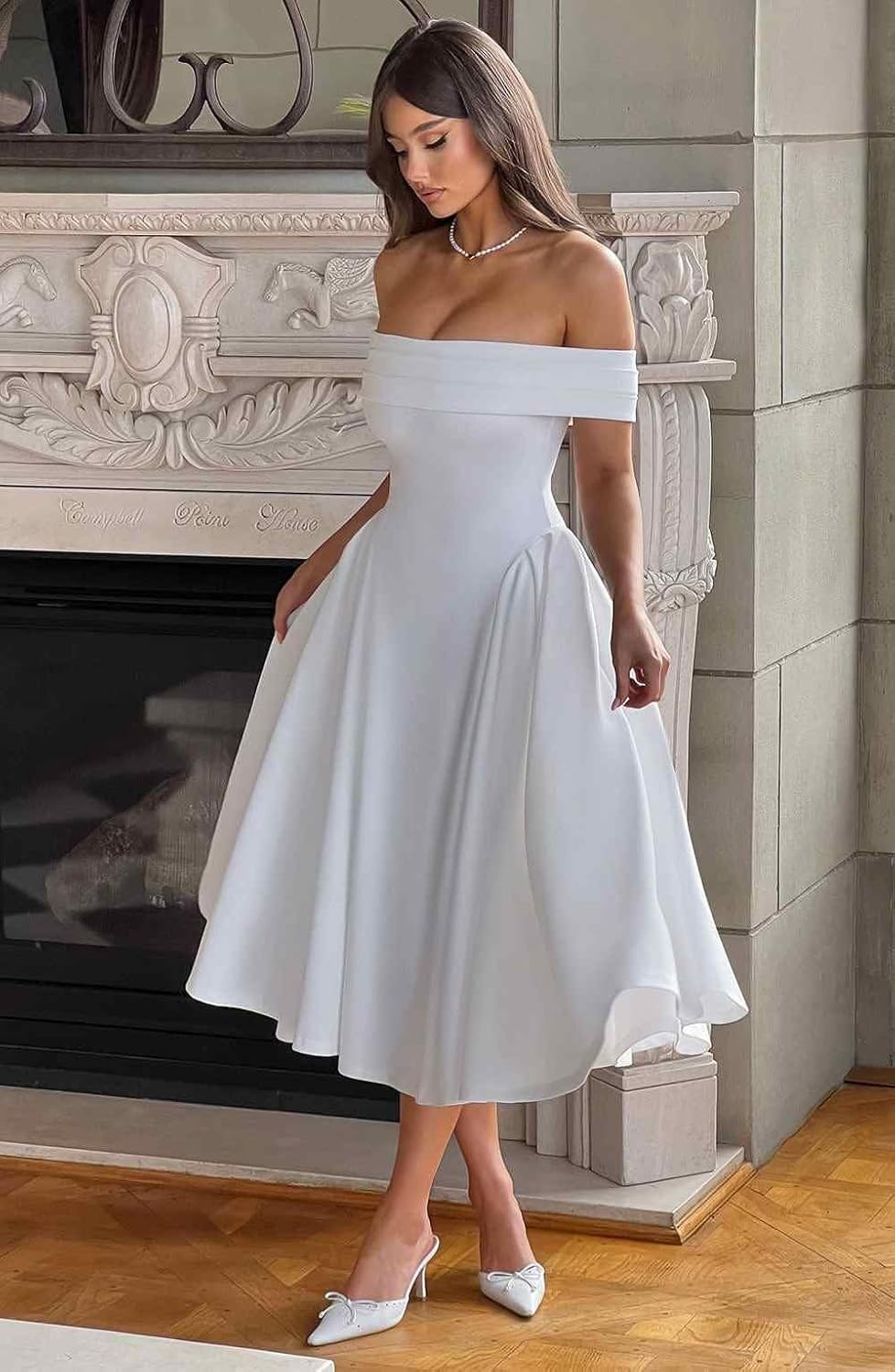 BOLENSYE Off The Shoulder Satin Bridesmaid Dresses Tea Length A Line Formal Ball Gown Midi Wedding Guest Dress