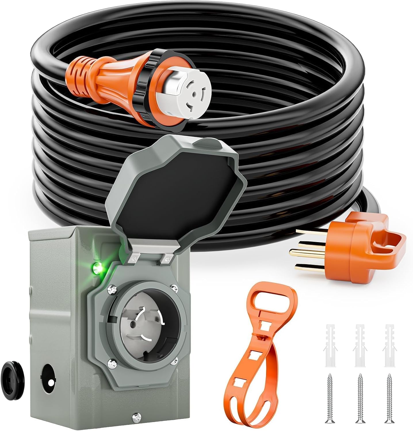 Generator Cord 50 Amp and Pre-Drilled Inlet Box Kit, 25ft Generator Cable Extension 50A 4 Prong NEMA 14-50P to SS2-50R with Twist Lock, Heavy Duty STW Wire for RV Camper & House, ETL Listed