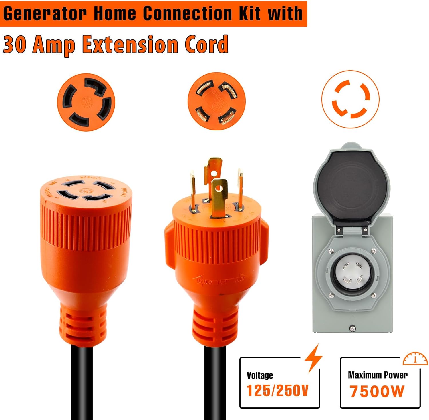 30 Feet 30 Amp Power Cord and Power Inlet Box Generator Hookup Kit, 7500W, 125V/250V Generator Extension Cable Twist Lock and Pre-Drilled Power Inlet Box for Outdoor, Home, Backup Power Use