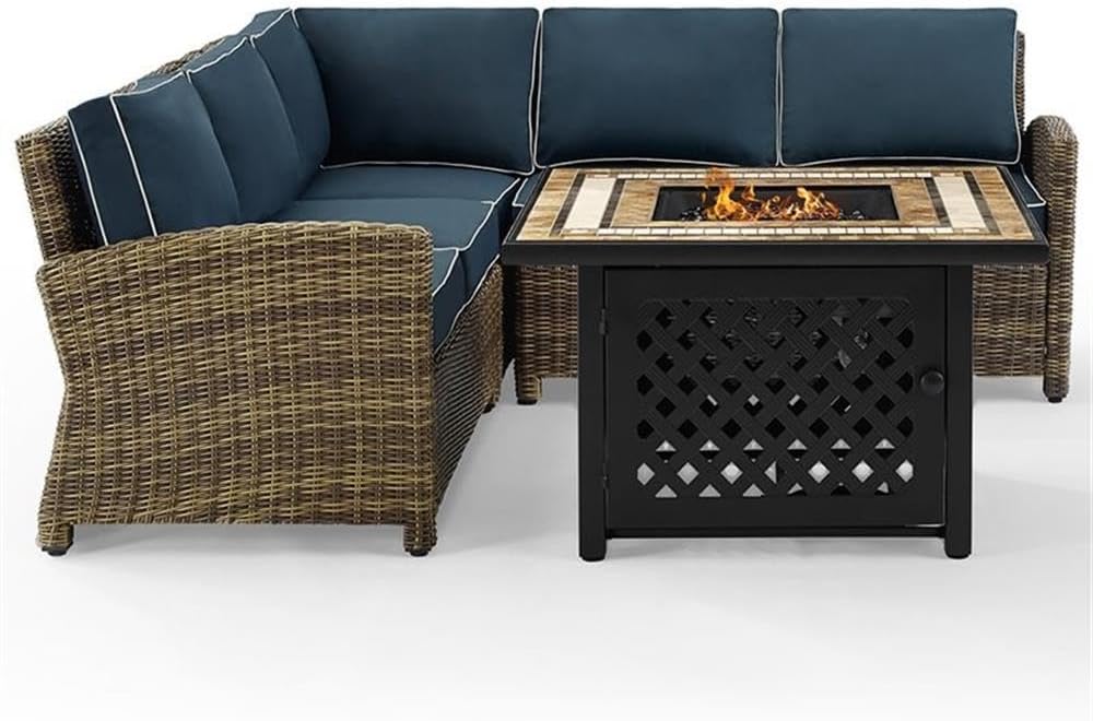 4-Piece Wicker/Rattan Fire Pit Sectional Set in Navy/Brown