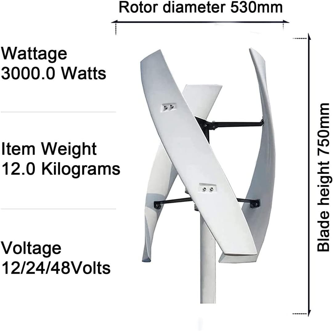 3000W/8000W Wind Turbine Generator 12V/24V/48V Vertical Axis Wind Turbine, Vertical Wind Generator with 3 Blade and Controller, Glass Fiber Blades Wide Application for Cabin,3000W-48V