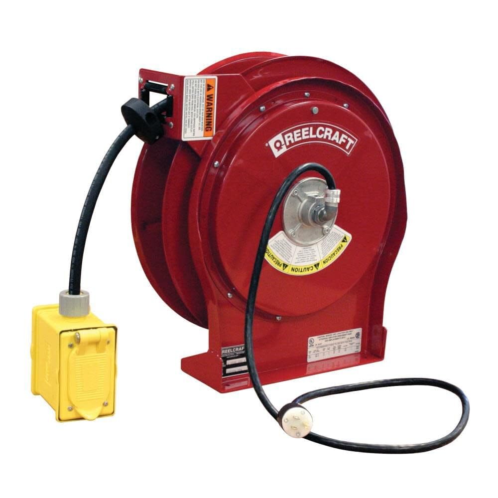 Reelcraft L 5550 123 7 Heavy Duty Power Cord Reel, 12 AWG/3 Conductors x 50', 15 AMP, Duplex GFCI Outlet, Cord Included, Red
