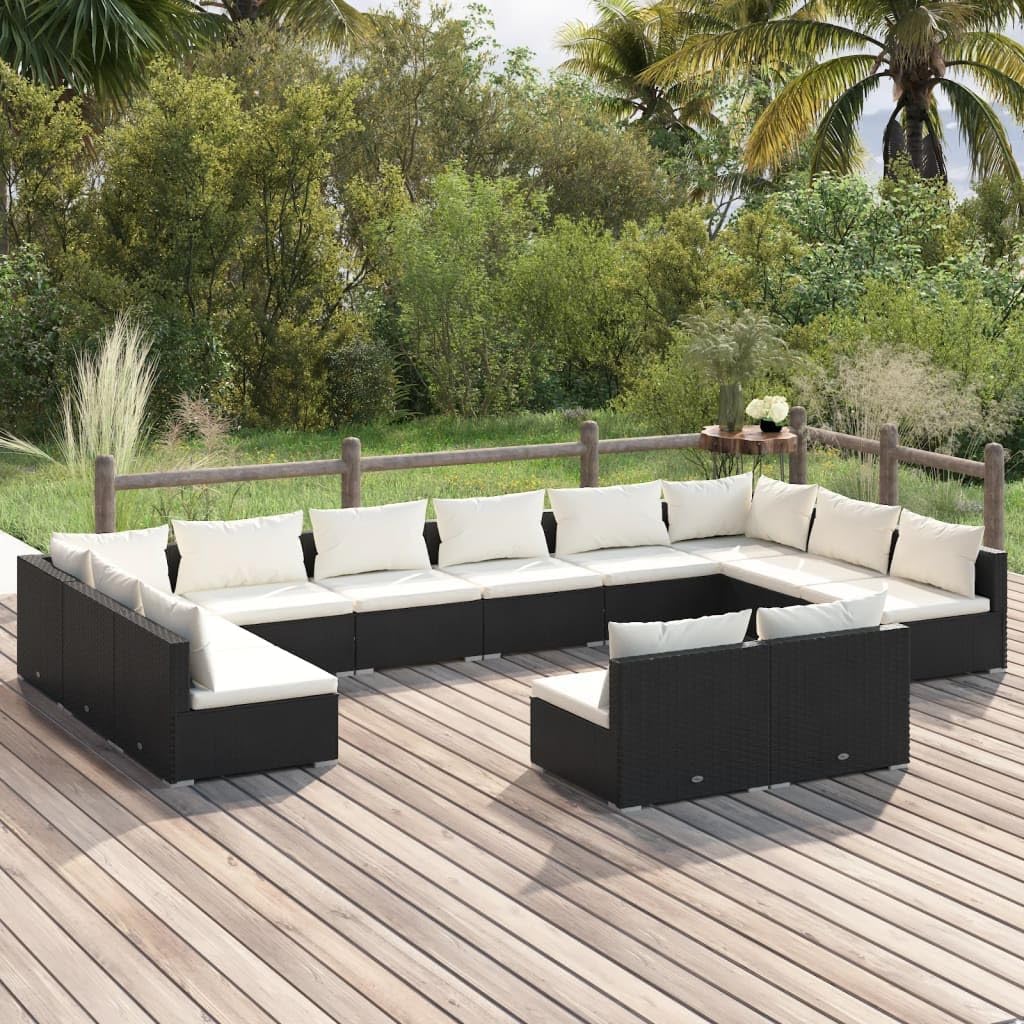 12 Piece Patio Lounge Set with Cushions Black Poly Rattan Patio Furniture, Outdoor Furniture Sets