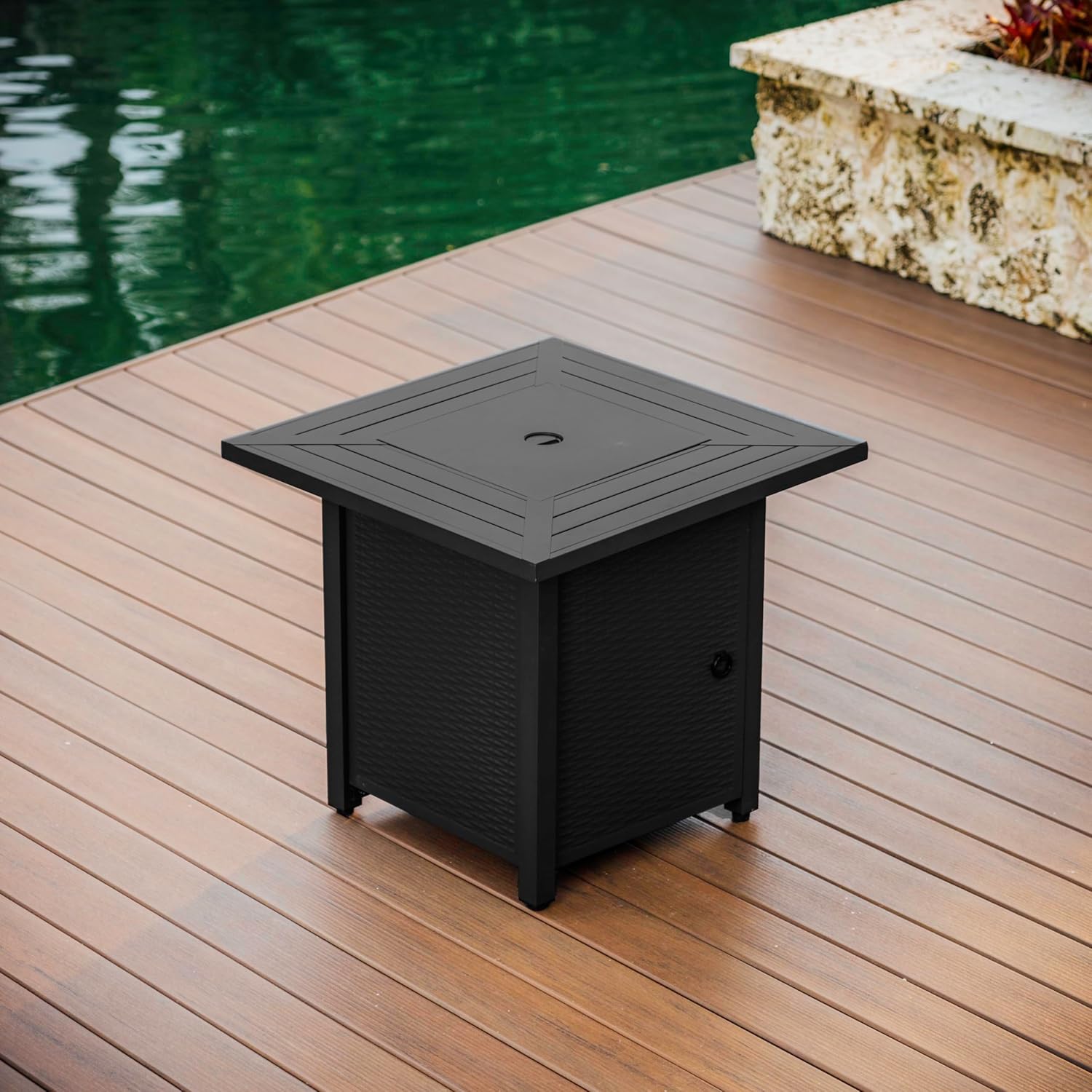 Nestl 28 Inch Fire Pit for Outdoor - 40,000 BTU Outdoor Propane Fire Pit Table with Lid, Rain Cover & Lava Rocks - Patio Fire Pit Table for Backyard Gatherings - Black
