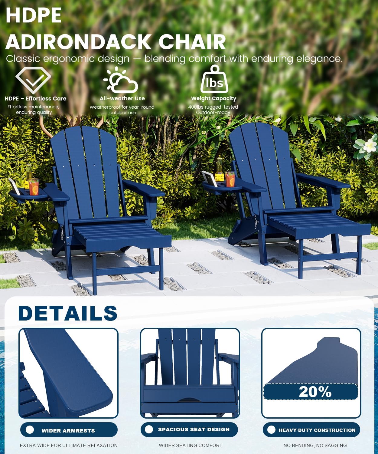 FOOWIN Folding Adjustable Adirondack Chair with Retractable Ottoman Set of 8, HDPE Adirondack Chair w/4 in 1 Cup Holder Trays,All-Weather Resistant Fire Pit Chair for Outdoor Patio Lawn, Navy Blue