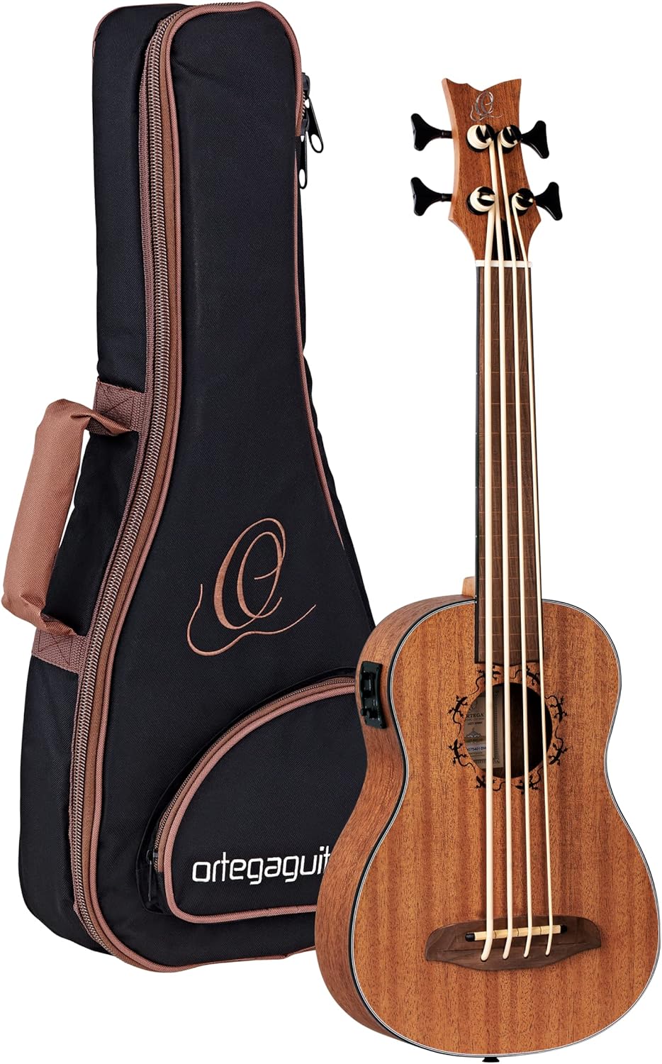 Ortega Guitars 4 String Lizard Series Fretless Acoustic-Electric Uke-Bass w/Bag, Right (LIZZY-BSFL-GB)
