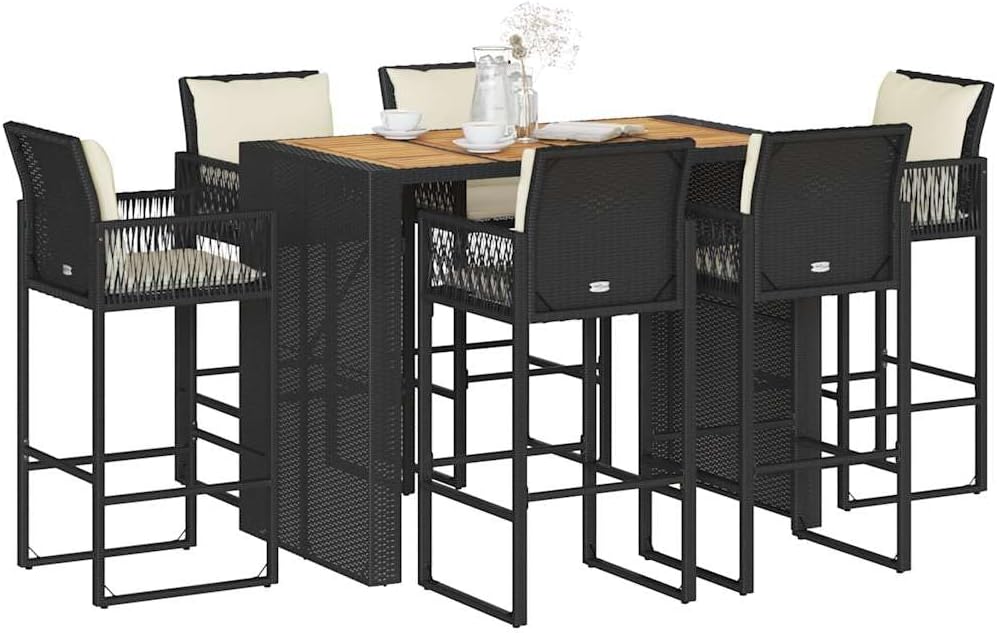 7 Piece Modern Garden Bar Set, Black PE Rattan Outdoor Table and Chairs, UV-Resistant Patio Furniture Set for Dining, 31.5x72.8x43.3in