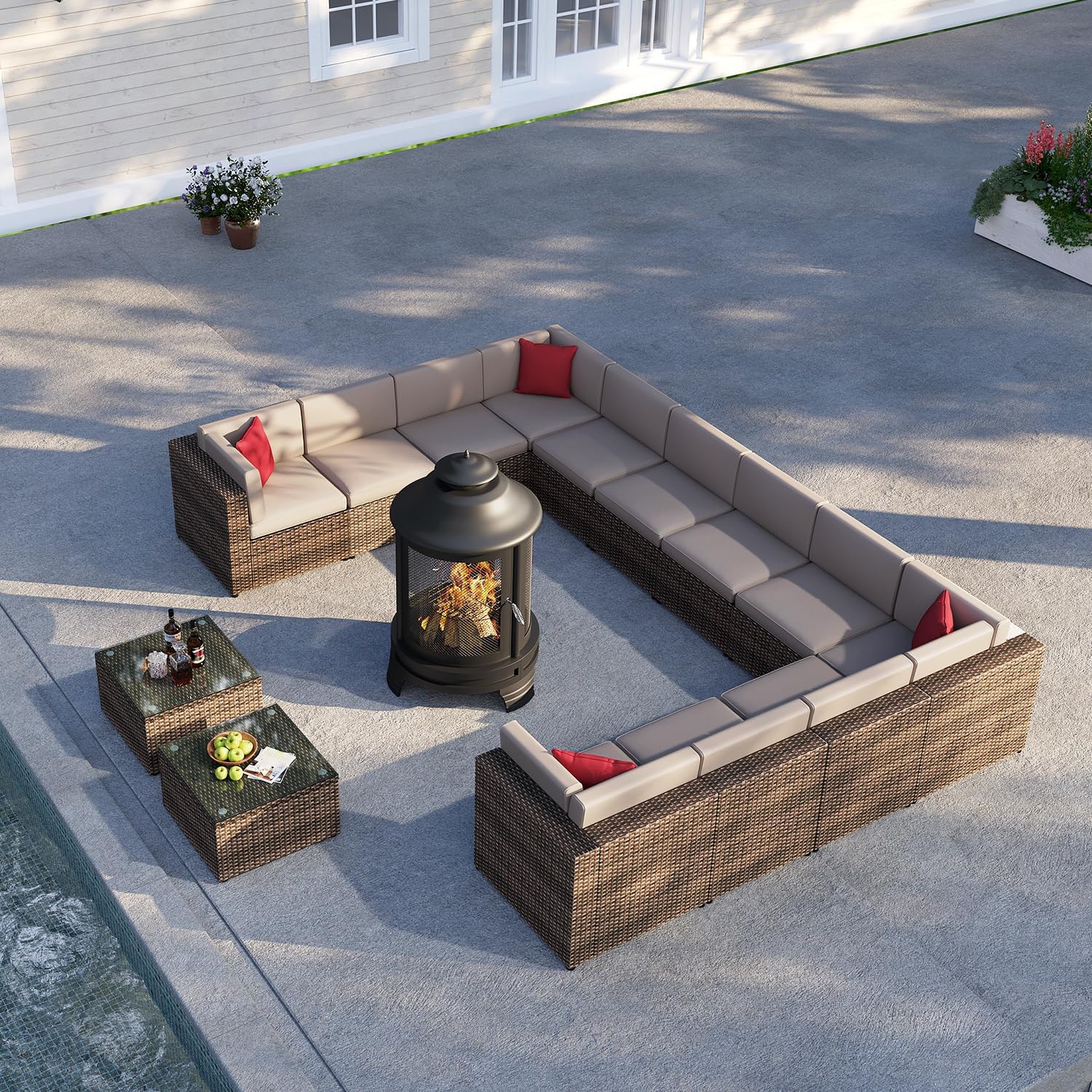oneinmil 15-Piece Outdoor Furniture Set, with Large Fire Pit Chiminea, 2 in 1 Fire Pit for Outdoor, Wicker Rattan Sectional Conversation Set, and Coffee Table