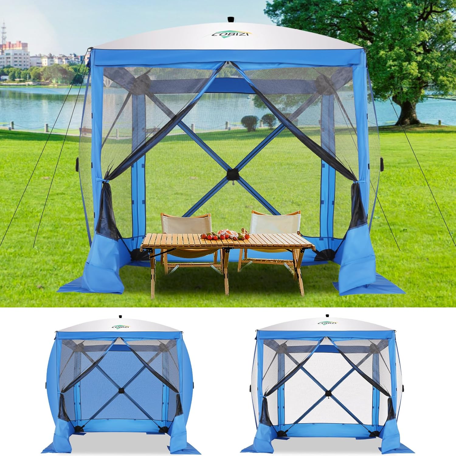 COBIZI 6x6 Pop up Gazebo Tent, Ez up Waterproof Screen Tent Screen House, Portable Outdoor Canopy Sun Shelter with Carry Bag & Ground Stakes for Camping, Garden and Picnics, Blue(Upgraded 2.0)