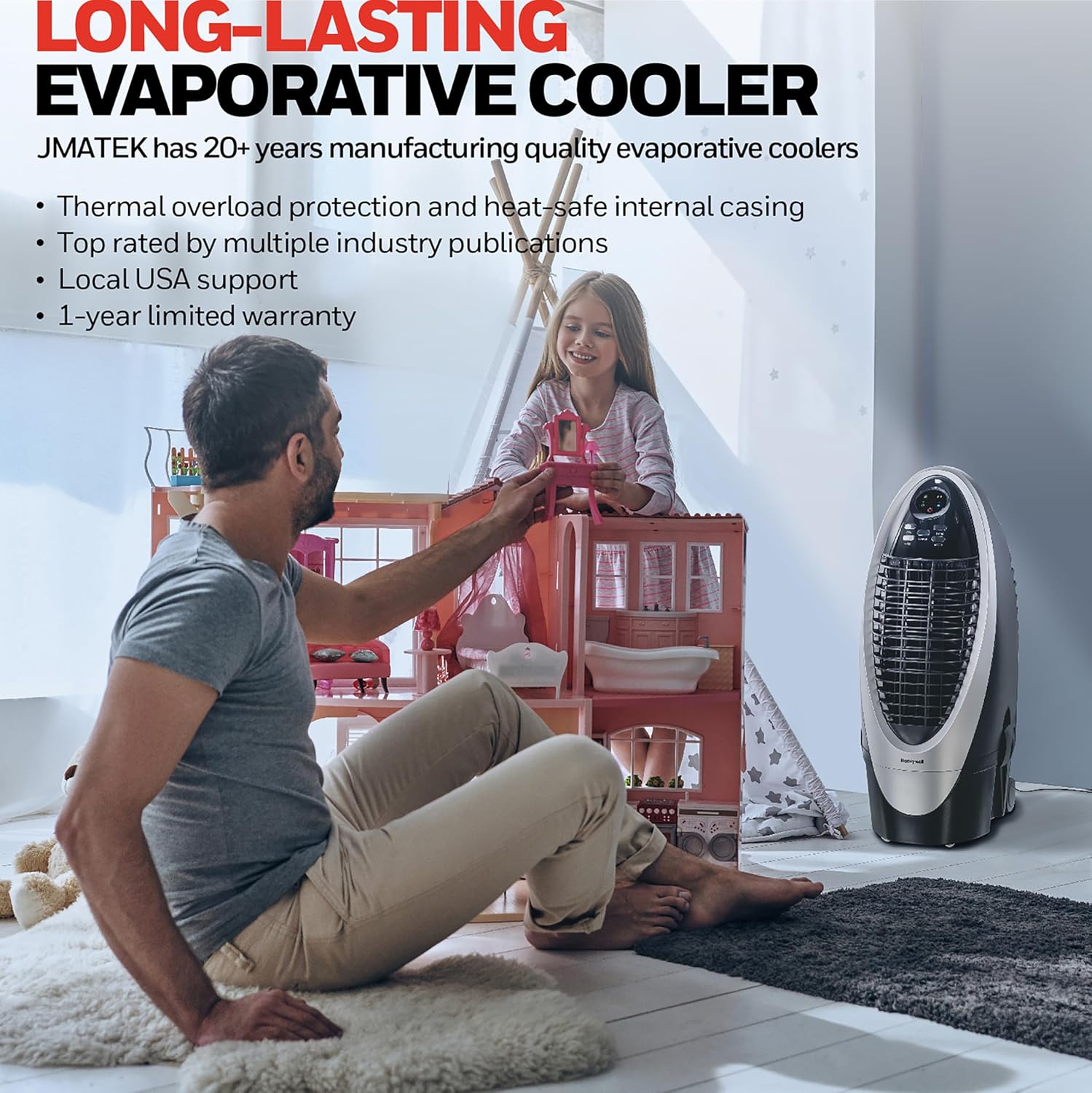 Honeywell 300 CFM Indoor Portable Evaporative Cooler, Fan & Humidifier with Detachable Tank, Carbon Dust Filter & Remote Control, Silver/Gray
