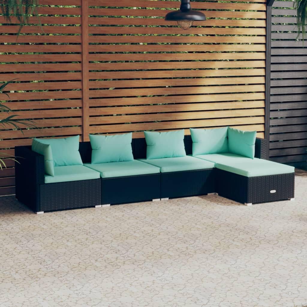 5 Piece Patio Lounge Set with Cushions Poly Rattan Black,Modern Patio Lounge Set: Durable and Comfortable Outdoor Furniture Patio Furniture, Outdoor Furniture Sets