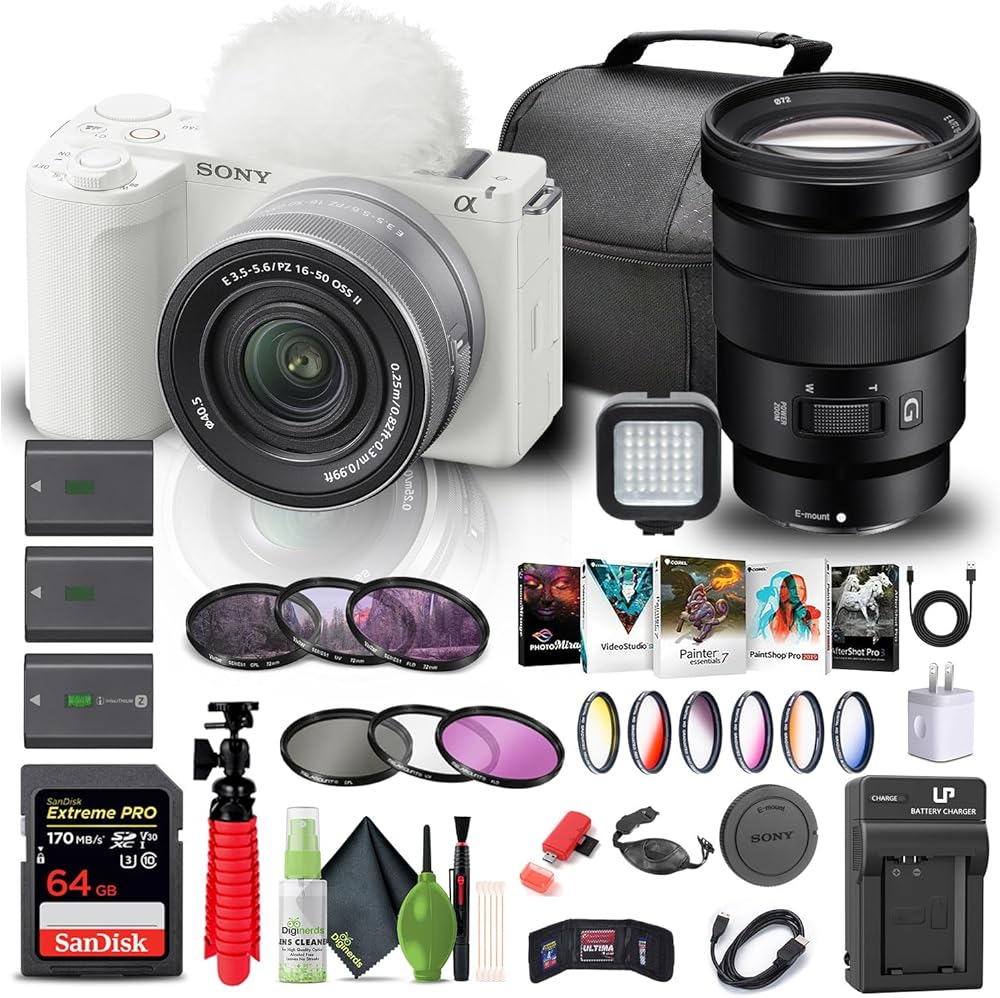 Sony Alpha ZV-E10 II Mirrorless Camera with 16-50mm Lens (White) (ZVE10M2KW) 18-105mm Lens + 64GB Memory Card + Color Filter Kit + Filter Kit + Photo Software + Bag + More (Renewed)