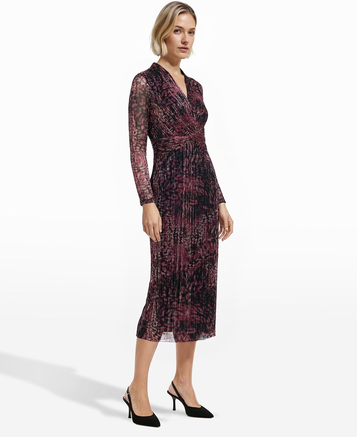 Anne Klein Womens Long Sleeve Twist Front Printed Shine Midi Dress