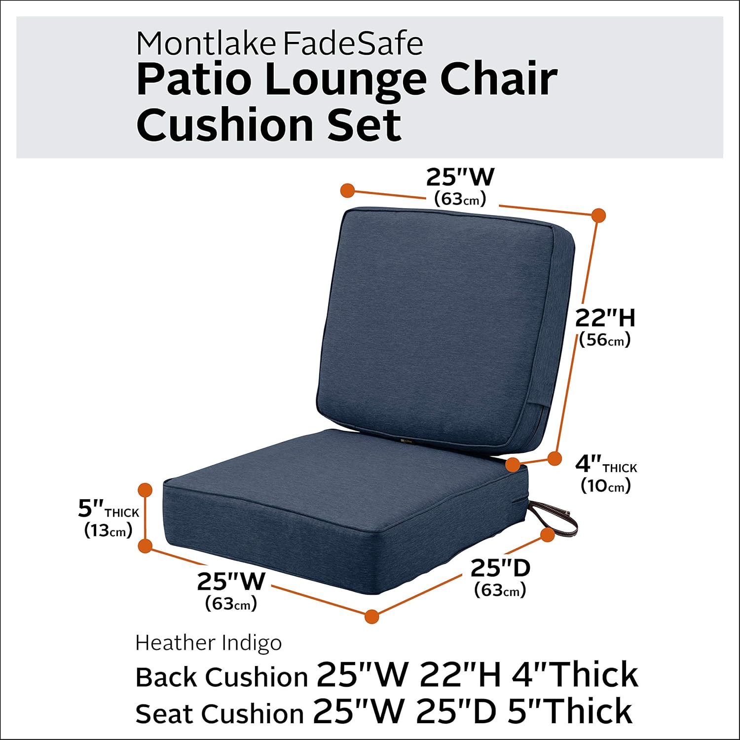 Classic Accessories Montlake Water-Resistant 25 x 25 x 5 Inch (seat)/25 x 22 x 4 Inch (Back) Patio Cushion Set, Heather Indigo Blue, Chaise Lounge Cushions Outdoor