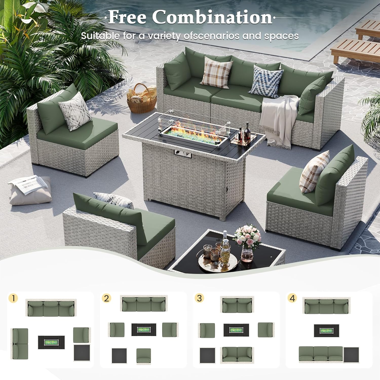 UDPATIO Patio Furniture Set with Fire Pit Table, 8 Pieces Outdoor Sectional Sofa, PE Wicker Patio Conversation Set for Garden, Backyard Green